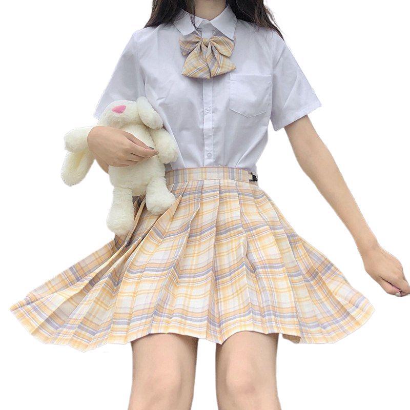 Floating Moon JK Summer School Uniform Set: Authentic Plaid Skirt & Short Sleeve Top, Academic Style for Elementary