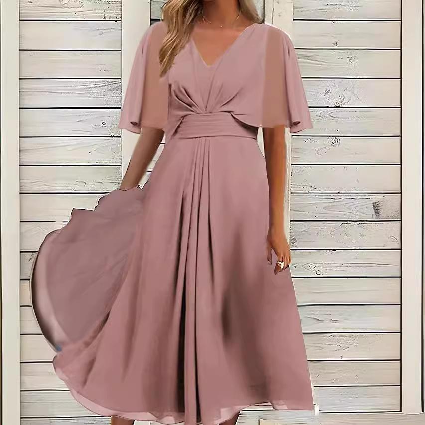 

Женское однотонное платье с коротким рукавом и V-образным вырезом, длинное элегантное шифоновое платье L розовый