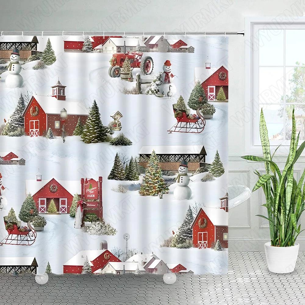 Winter Skiing Shower Curtain Set Modern Ski Station Snow Mountain Pine Tree Forest Bath Curtains Blue Christmas Bathroom Decor