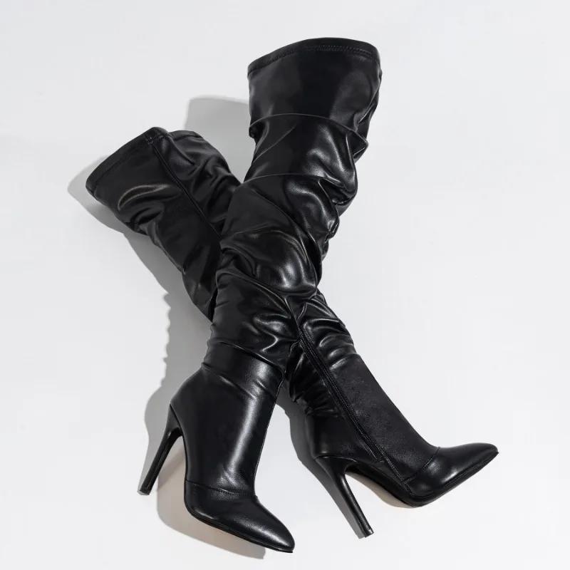 2024 New Stiletto Heel Women's Motorcycle Boots Fashion Pleated Design PU Leather Sexy Pointed Toe Women's Over-the-Knee Boots