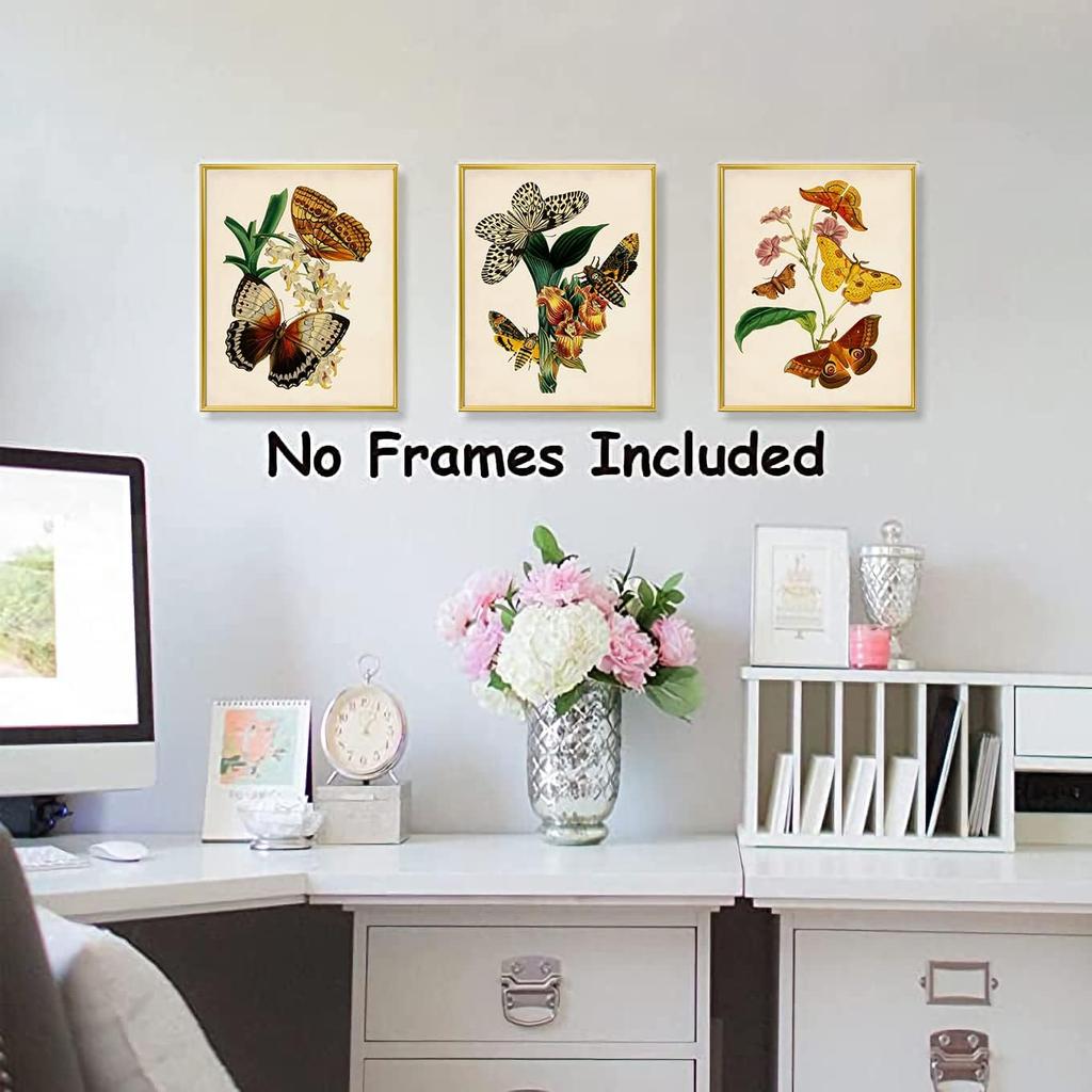 Retro Botanical Butterfly Wall Art, Vintage Canvas Prints, Floral Nature Aesthetic Posters for College Dorm Room Preppy Room Bedroom Decor, Set of