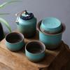 Kiln Change Vintage Spring Green Rough Pottery One Pot 4 Cups Tea Caddy Simple Small Set Outdoor Living Room Tea Room