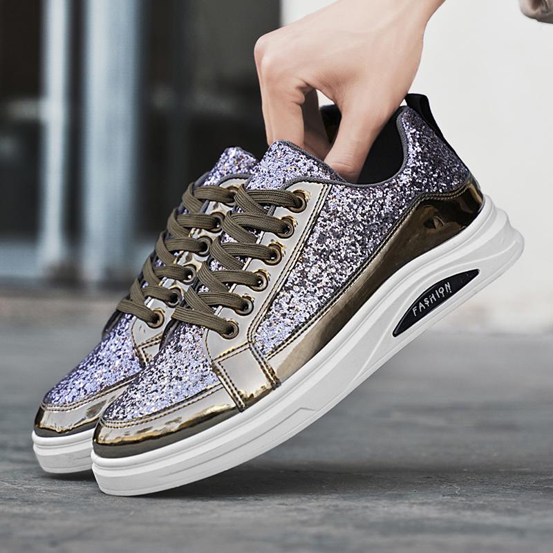 

Мужские золотые спортивные туфли, повседневные серебряные кроссовки в уличном стиле для бега, студенческие, большие черные туфли для скейтбординга EU: 46 серебряный