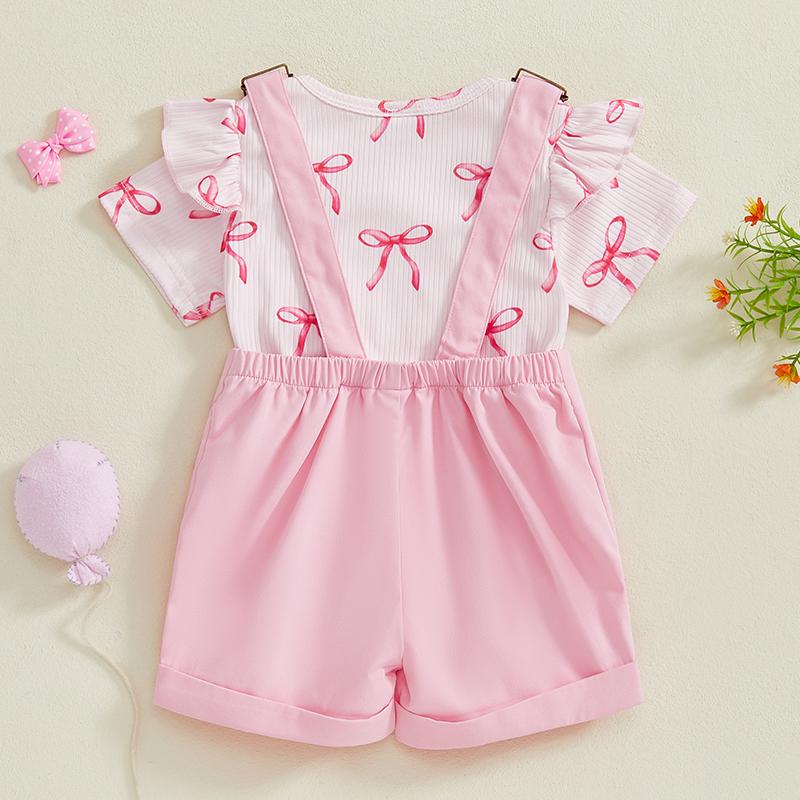 Newborn Baby Girl Clothes Summer Outfit Bow Pattern Ruffled Short Sleeve Romper and Overall Shorts 2 Pcs Set