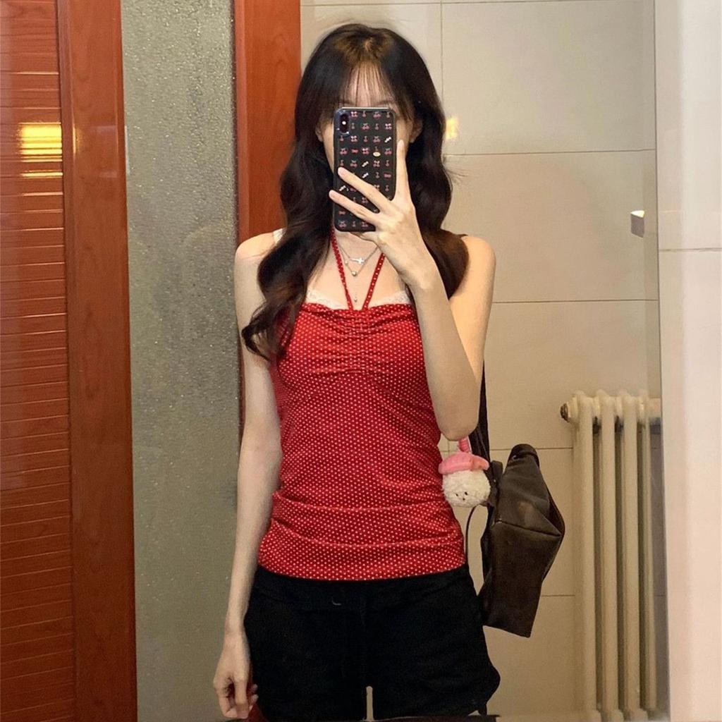 Dopamine red polka dot lace splicing neck strap tube top women's summer new slim-fit and beautiful top