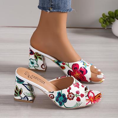 Sandali con tacco grosso con motivo floreale da donna, décolleté alla moda con punta aperta, eleganti tacchi slip on