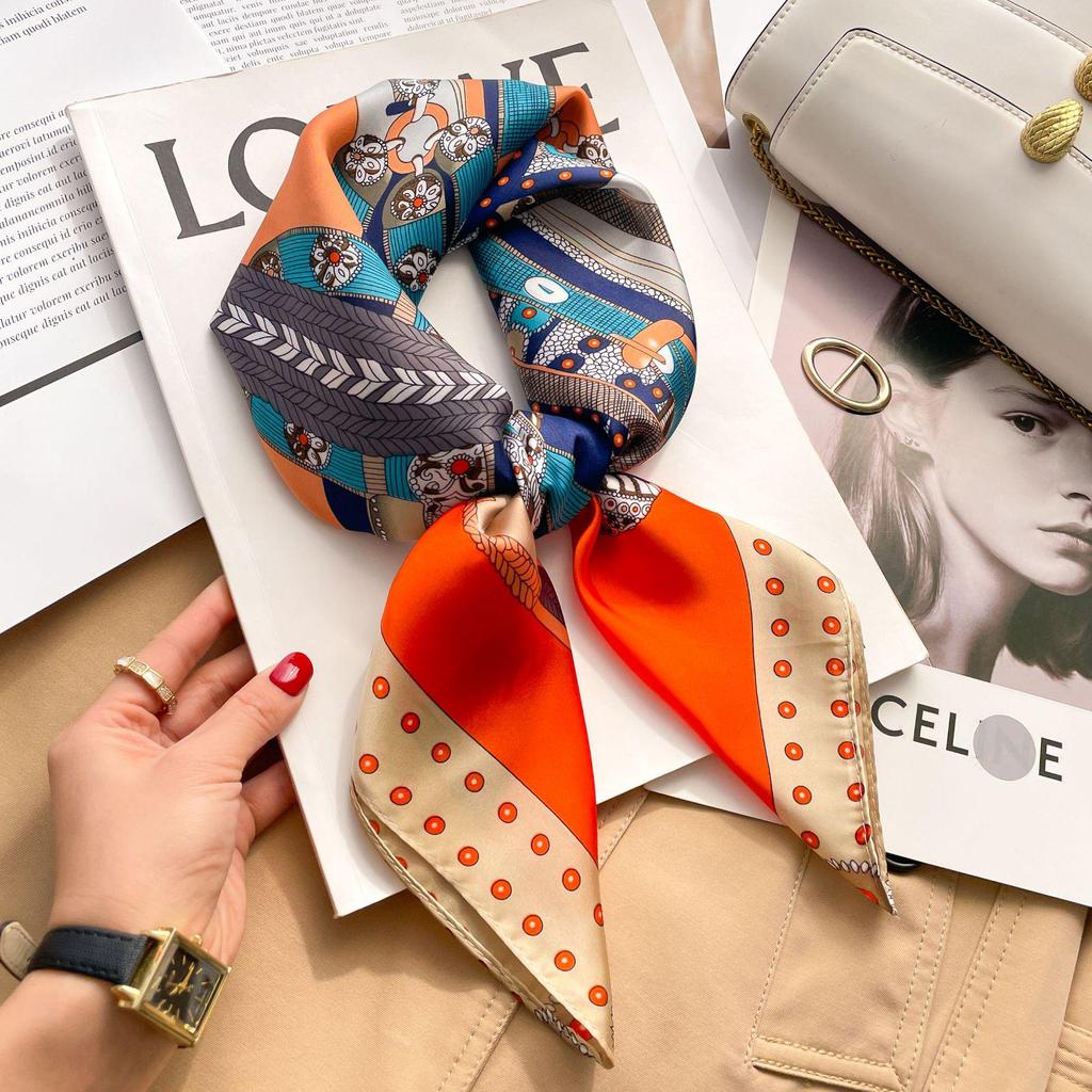 French Retro Silk Women's Square Scarf - Cashew Print, Versatile, High-End Accessory