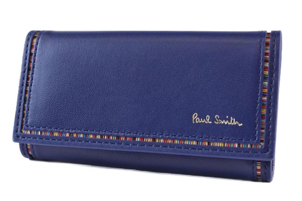 Key Case 4 Rows Brand Stripe Inset Detail Genuine Leather Special Box Included [Paul Smith] Men's (Blue)