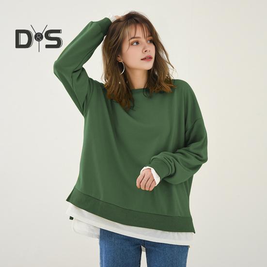 Women Sweatshirt Round Neck Long Sleeve Solid Color Loose Fit Pullover Tops Fake Two Pieces Side Slit Design Casual Sport Tops
