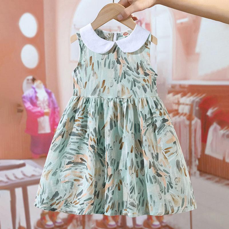 Girls Summer Linen Floral Sleeveless Dress Baby Casual Chic Sundress Kids Beach Party Outfit 90cm синий