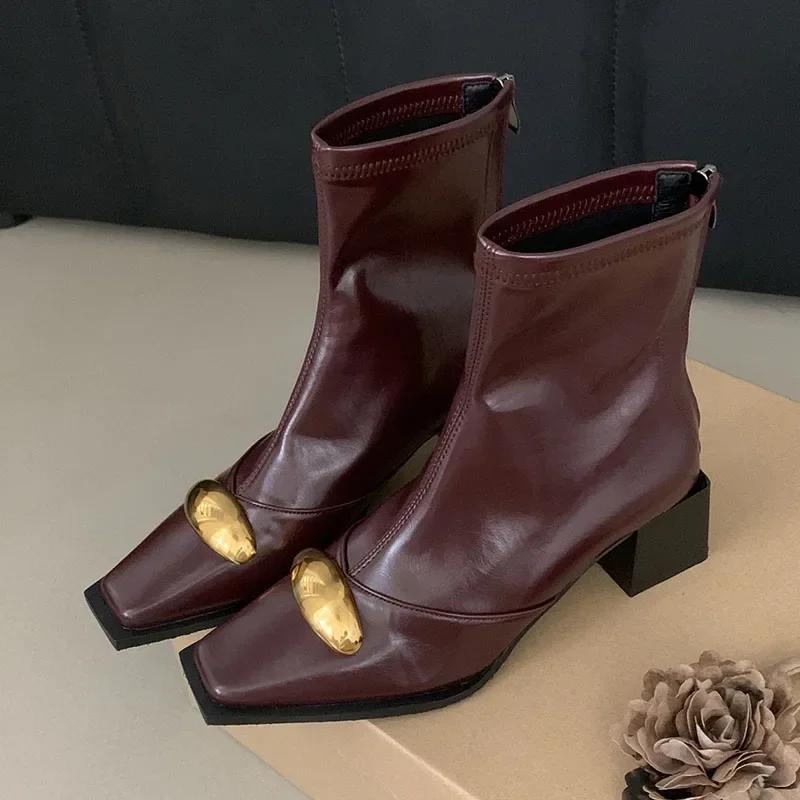 Fashion New Shoes Designer Metal Women Ankle Elastic Boots Fashion Zippers Footwear Square Heels Ladies Modern Short Booties Shoes