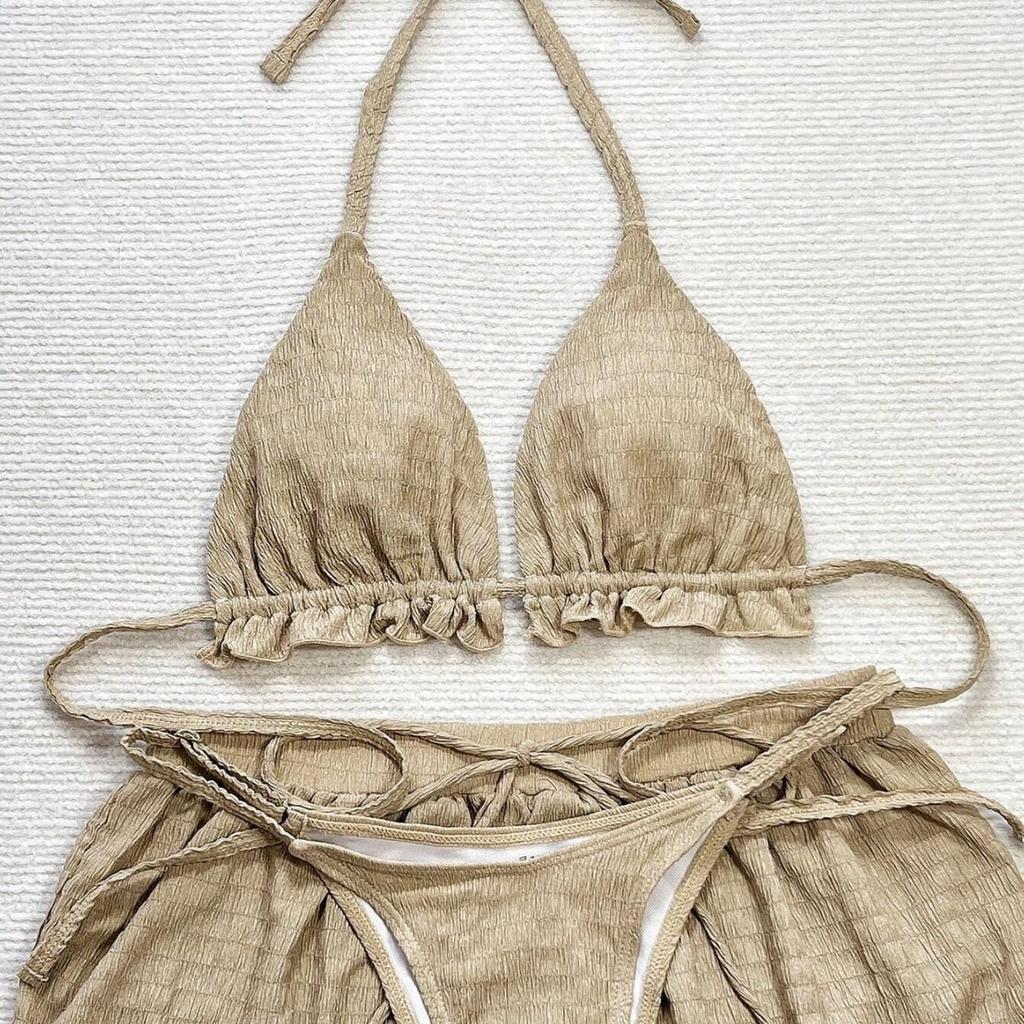 Evropské a americké sexy třídílné bikini Speciální látka Plavky Dámské Jednobarevné Plážové oblečení Dovolenková plavka