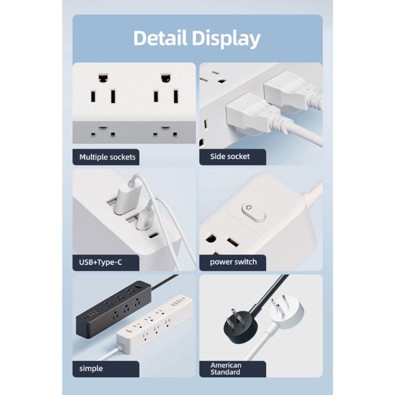 Flat Plugs Surge Protectors Power Strips 9Outlets 3USB/2 USB C Port Wall Mountable Design For Home Office Dorm Essential