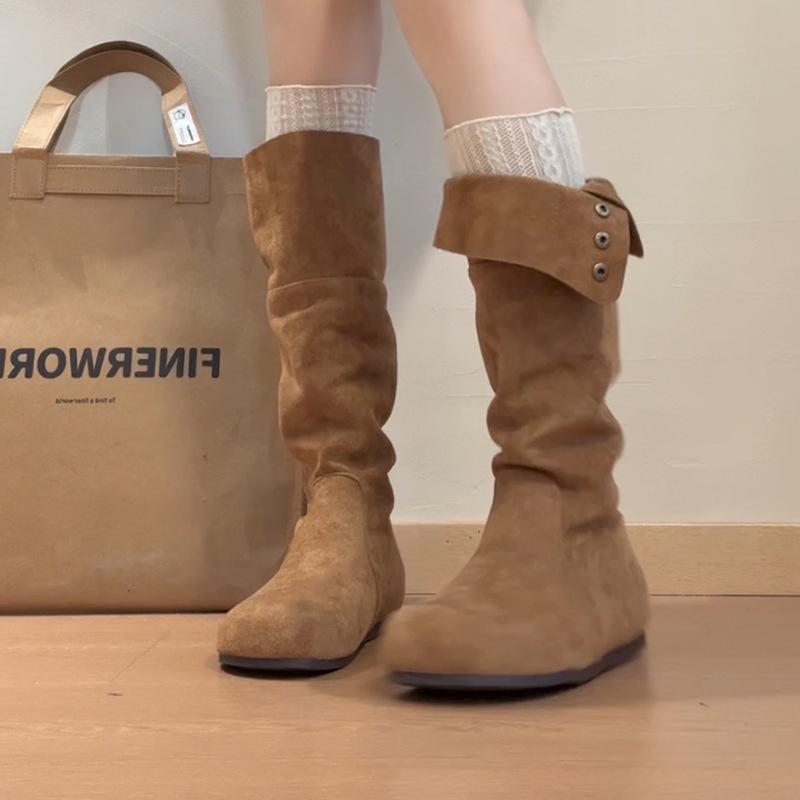 Round head pleated western cowboy boots women's 2025 autumn and winter new two-wear Maillard summer knight fashion boots