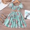 White Waist-Cinching Print Short-Sleeve Round-Neck Casual Dress for Girls