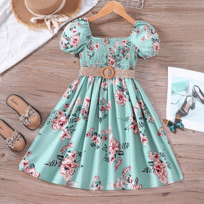 White Waist-Cinching Print Short-Sleeve Round-Neck Casual Dress for Girls