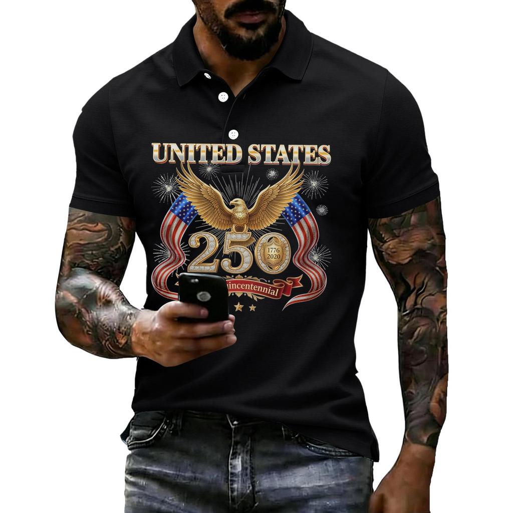 Men's Casual Polo Shirt Short Sleeve Flag Print Lightweight Breathable Comfortable Summer Top with Button Collar