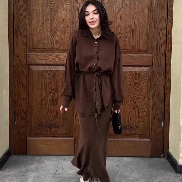 Black Long Sleeve Shirt with Drawstring and Split Hem Long Skirt Set XS