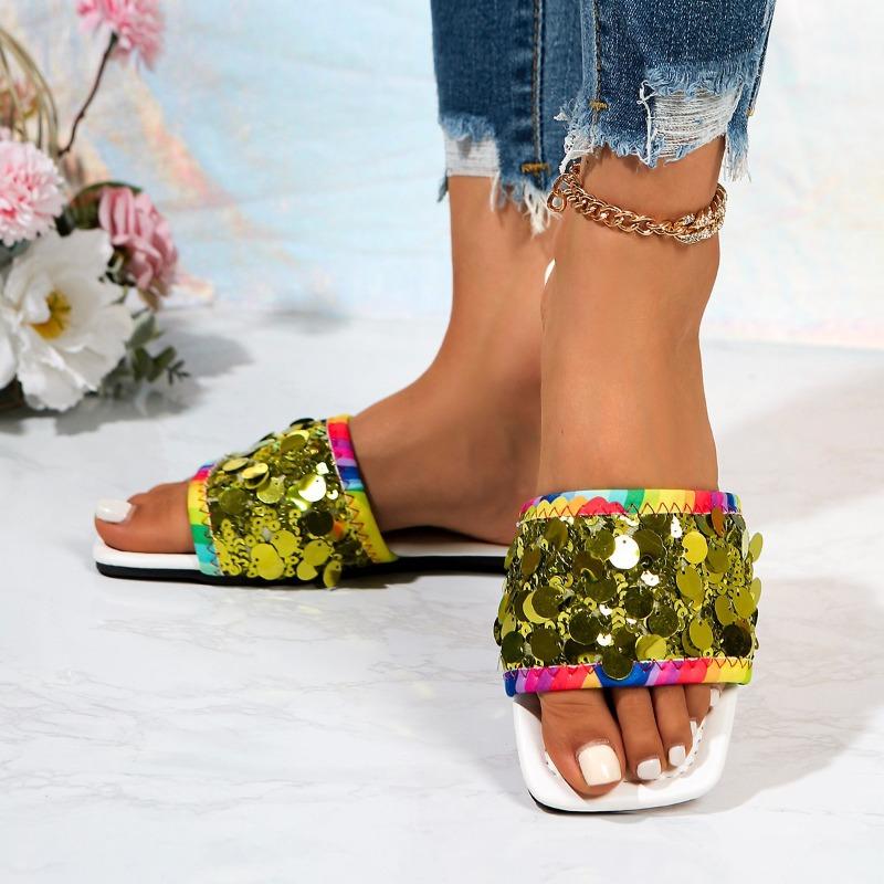 Flat-bottomed sequined cool slippers women's summer new square head wear large size 44 one-word slippers