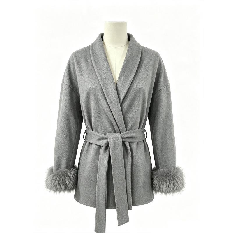 Winter Fox Fur Cuff Splicing Lace-up Short Woolen Jacket Femininity Commuter Coat