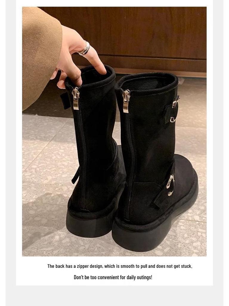 Women's Retro Motorcycle Buckle Boots - 2025 New Skinny Design, Round Toe, Thick Sole, Chunky Heel, Height Increasing, Mid-Calf, Autumn/Winter Style.