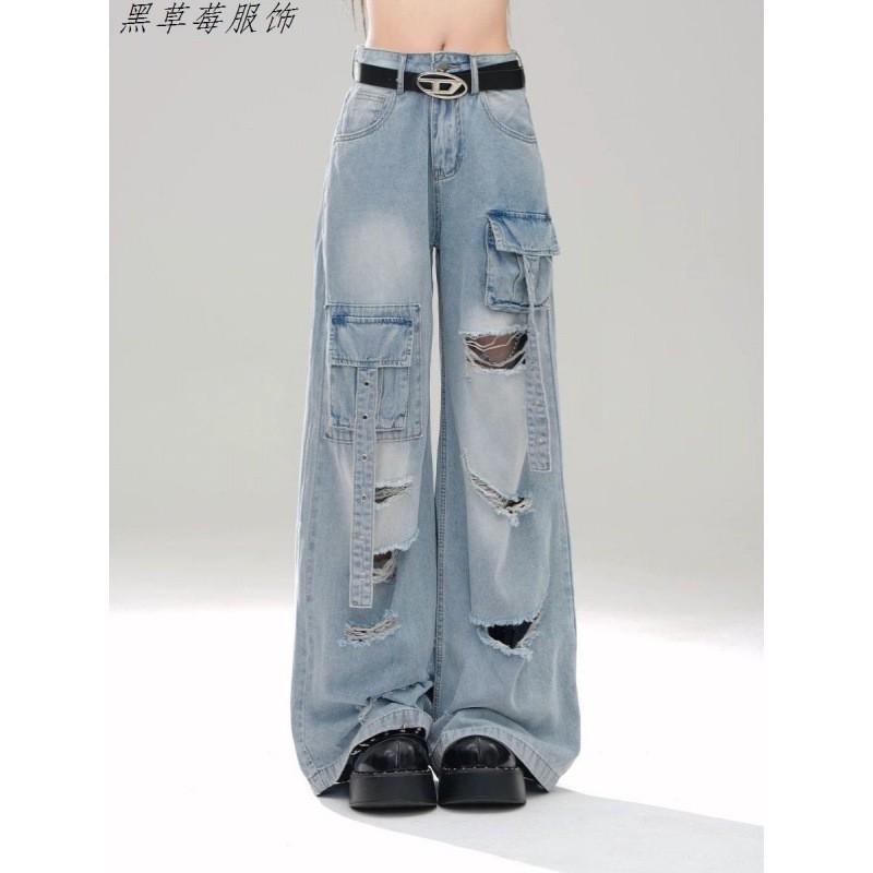 High-Waisted Distressed Wide-Leg Denim Pants Women Vintage Style Cargo Trousers With Multiple Pockets 2025 XS