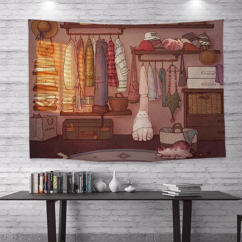 Cute Cat Print Background Cloth Office Living Room Tapestry Home Wall Decoration Tapestry