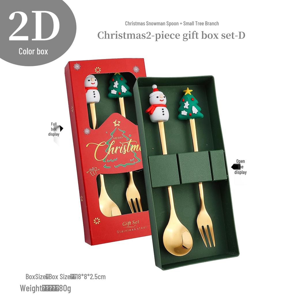 Cross-Border Christmas Stainless Steel Fork & Spoon Gift Set - Reindeer & Snowman Cartoon Pattern Dessert Gold Cutlery