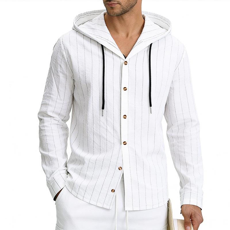 Men Striped Hooded Long Sleeve Button-Up Shirt S белый