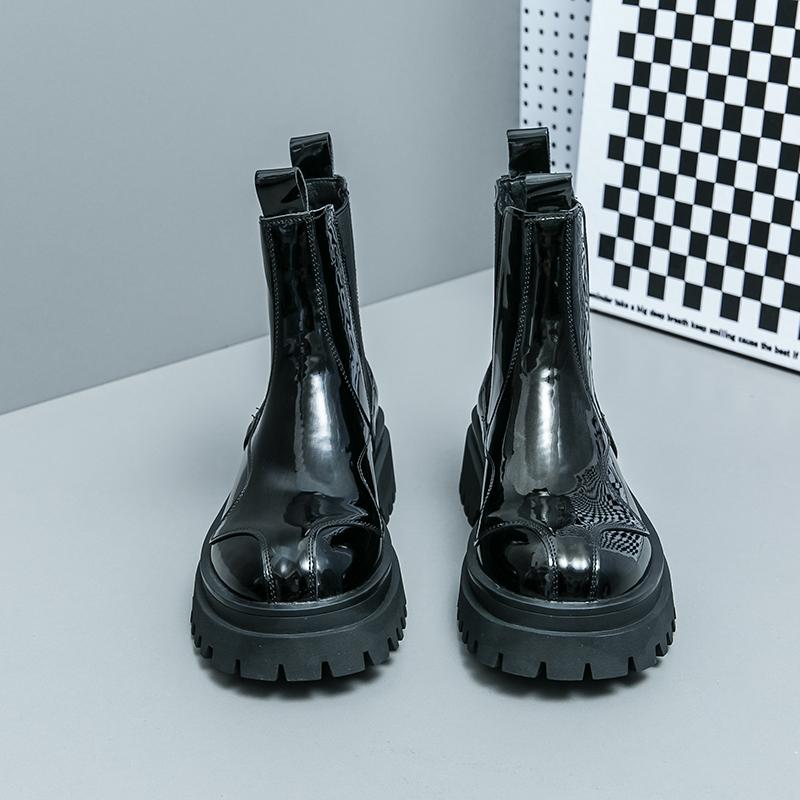 Men’s Chelsea Thick Sole Platform Punk Green Leather Boots Elevator Street Style Big Head Motorcycle Boots High Boots Plus Size