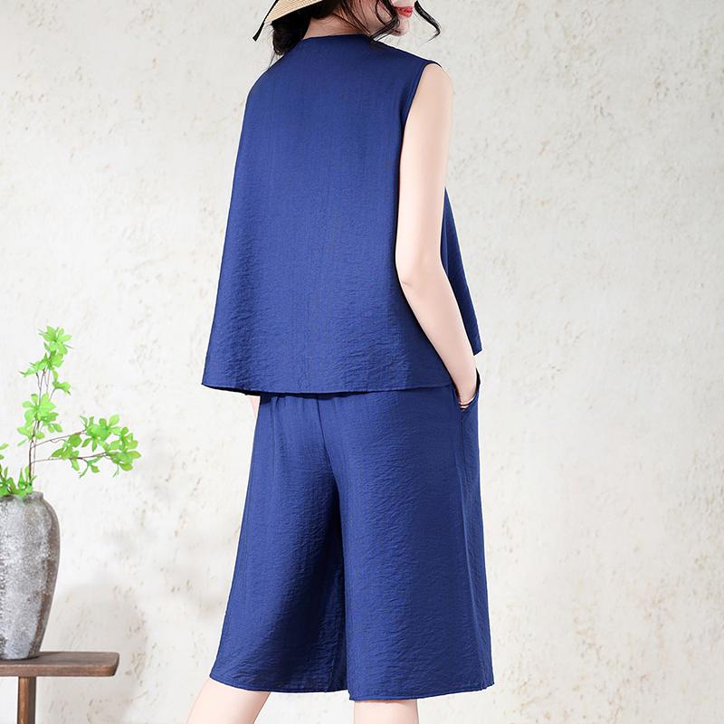 Ensemble 2 pièces pour femme grande taille en mélange de lin, Haut sans manches à boutons et Short large (XL-7XL)