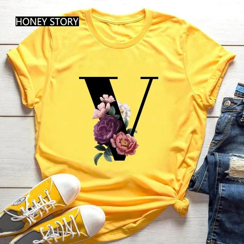 Women's Summer Short Sleeve T-Shirts Fashionable Casual Round Neck 26 English Letters Flower & Name Letter Printed Cotton T-shirts