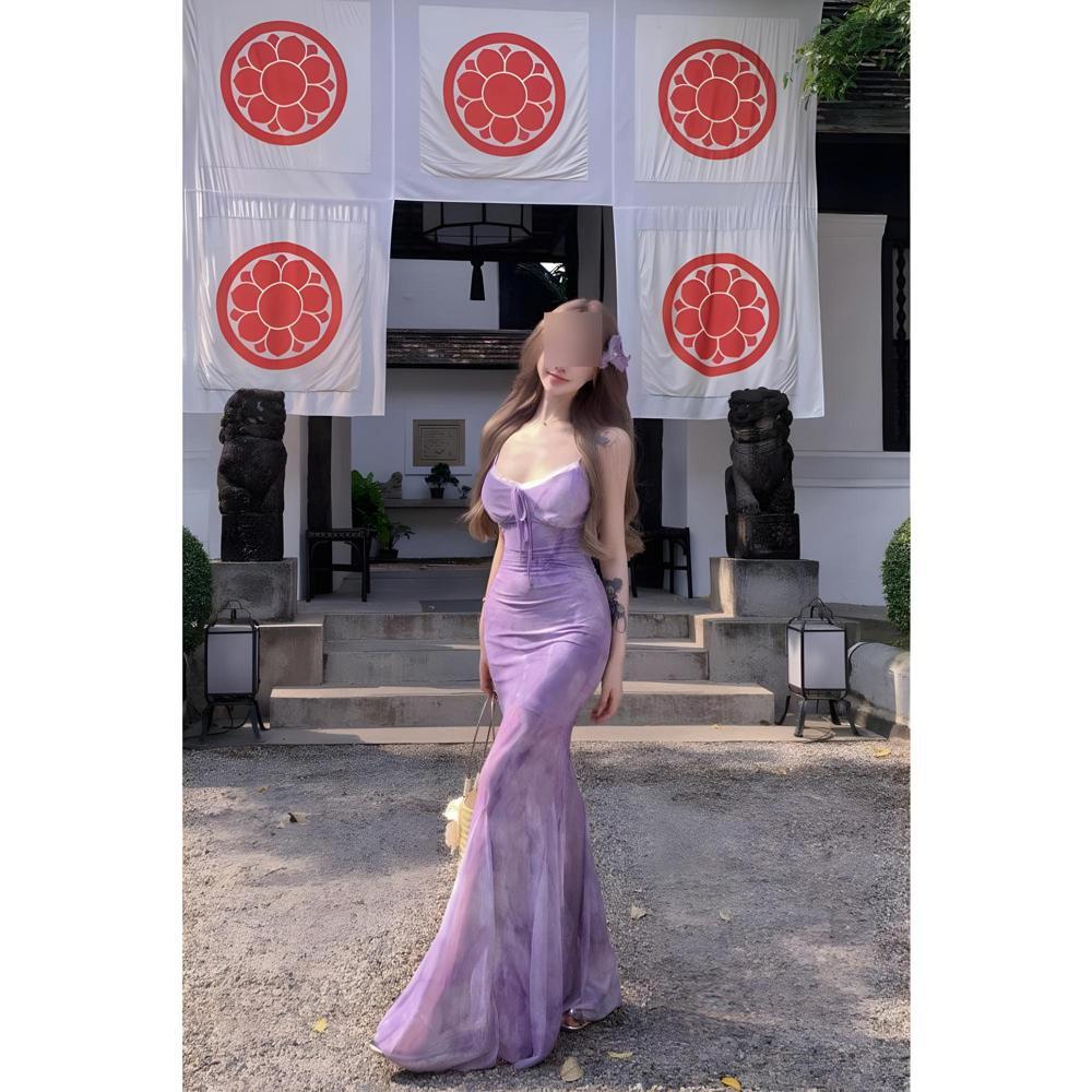 

Французское зеленое цветочное сетчатое платье на подтяжках женское весенне-летнее для приморского отдыха с темпераментом талии и бедер, платье с рыбьим хвостом XL- (recommended 110-60kg) фиолетовый