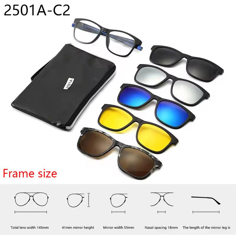 6 In 1 Spectacle Frame With 5 PCS Clip On Black Polarized Sunglasses Magnetic Telescopic Leg Glasses Male Computer Optical