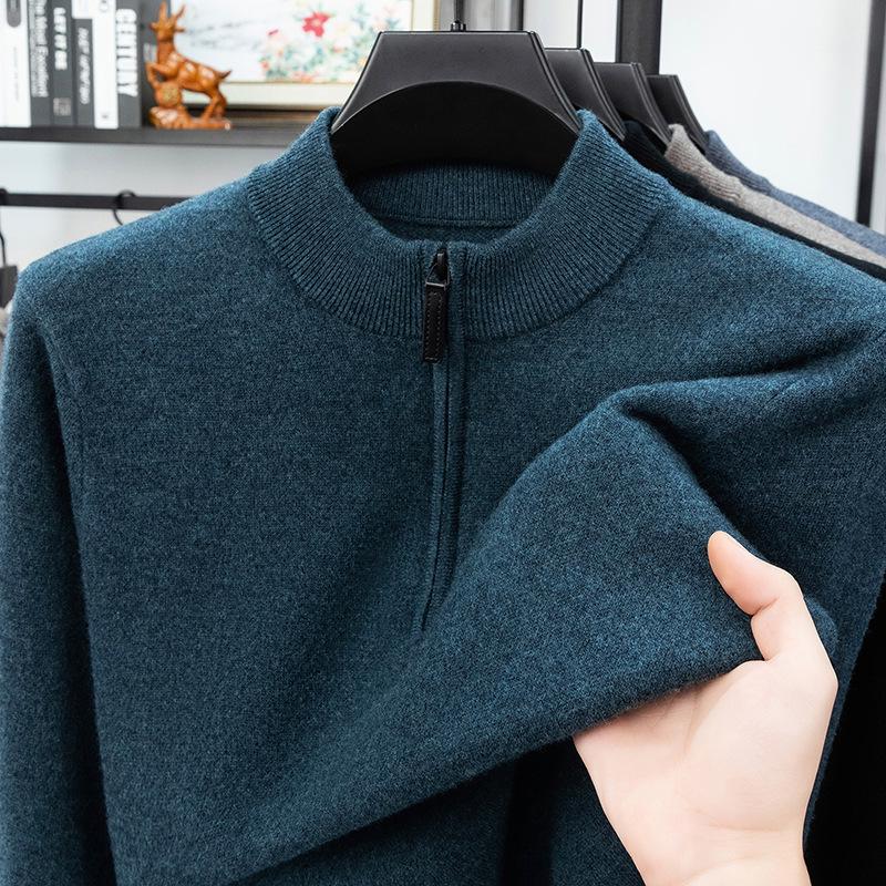 Men's Thick Wool Base Layer Sweater with Half-High Collar and Zipper - Perfect for Autumn and Winter Warmth