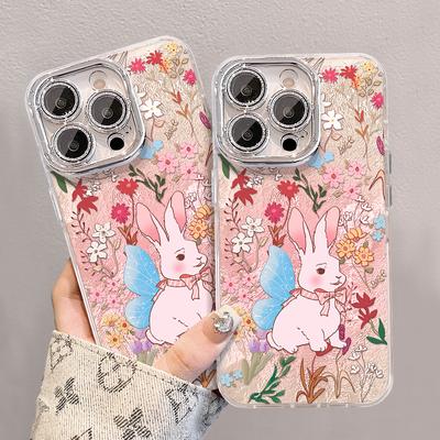 Oil Painting Flowers and Rabbits Suitable for Apple 16pro Mobile Phone Case 15 Full-inclusive Lens Film 14 Glacier Pattern 13/12 Anti-fall