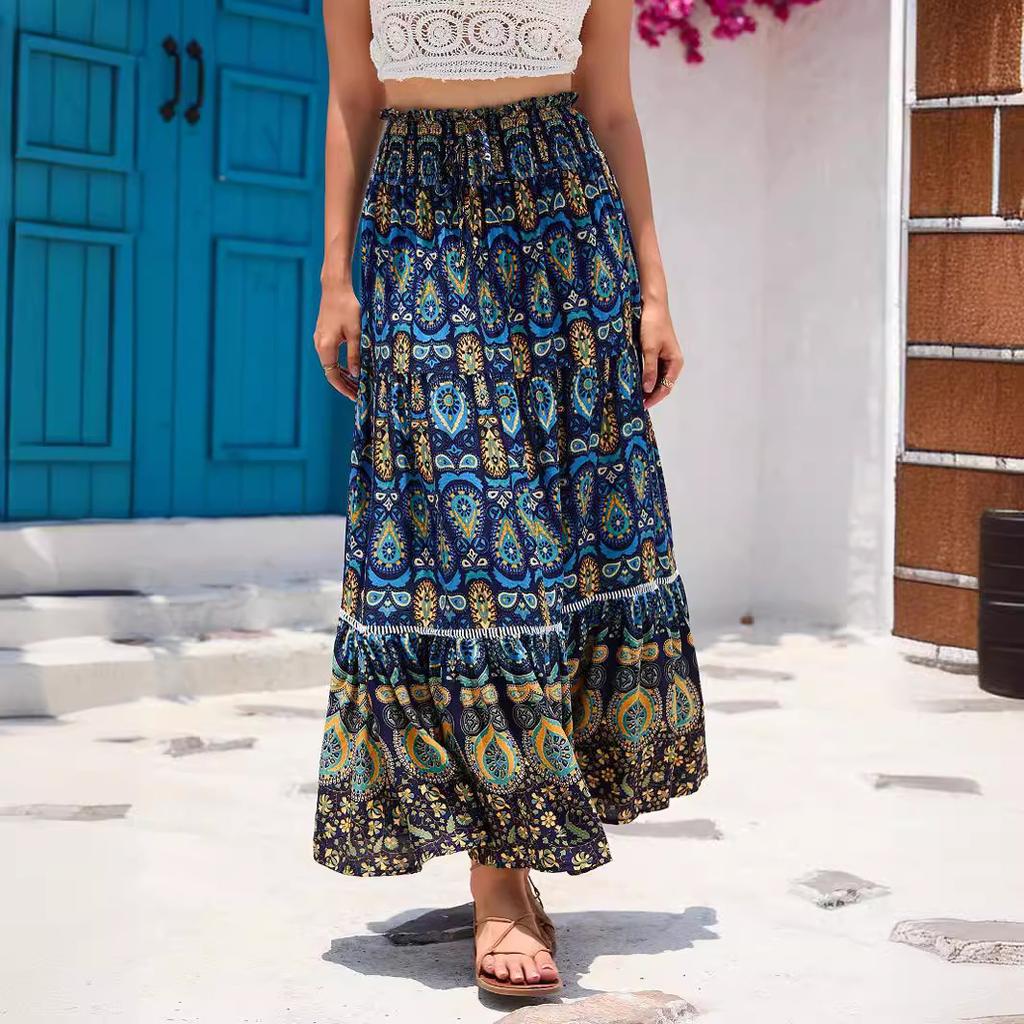 Damen Elastischer Bund Maxi-Rock Lockerer Sitz Boho Bedruckter Langer Rock Stufig RAYON 100% Strandurlaub Fließender Midi-Rock