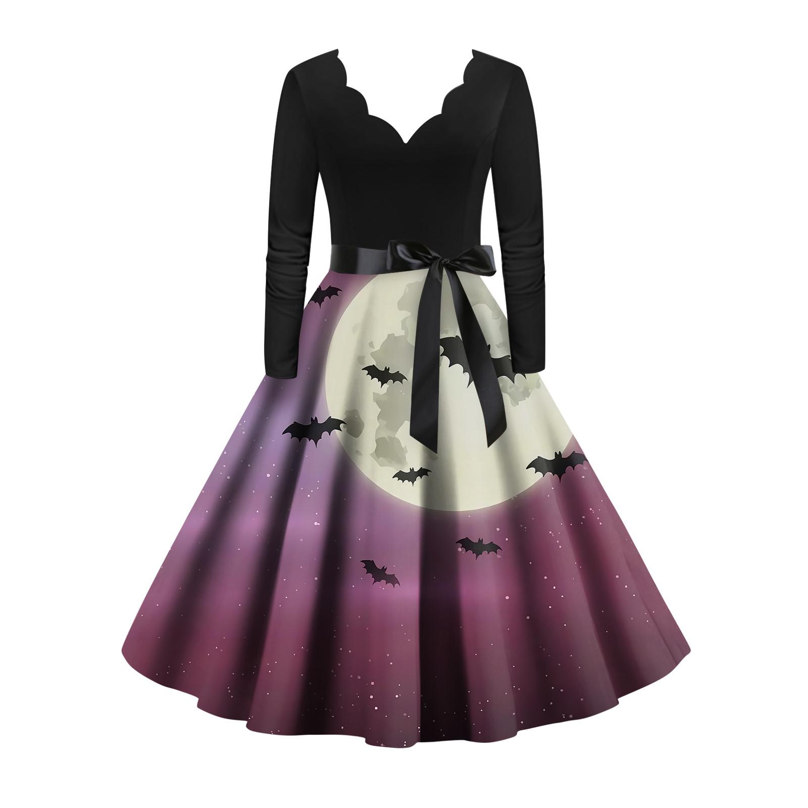 

Женское винтажное классическое платье с вырезом на талии и галстуком-бабочкой с длинными рукавами на Хэллоуин с принтом и V-образным вырезом, свободное платье XXXXL