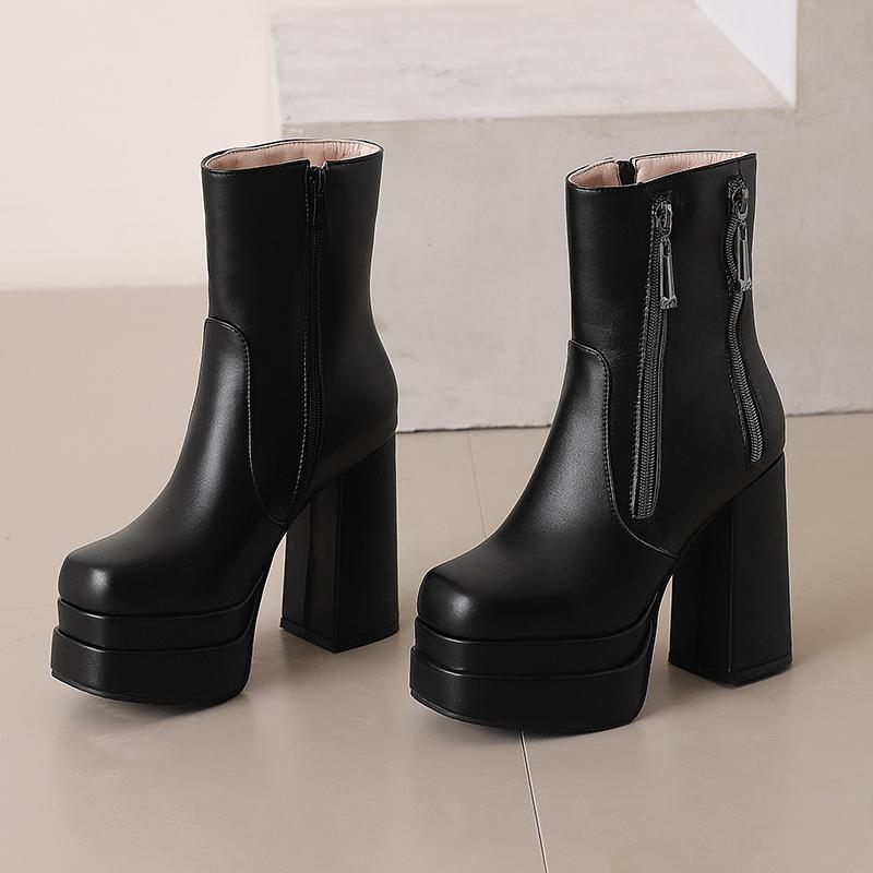 Women's High-heeled Short Boots Autumn and Winter New European and American Style Waterproof Table Thick-heeled Large-size Short Boots