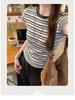 Women's American Retro Color Block Striped T-Shirt - 2025 Korean Style, Versatile Slim Fit, Round Neck
