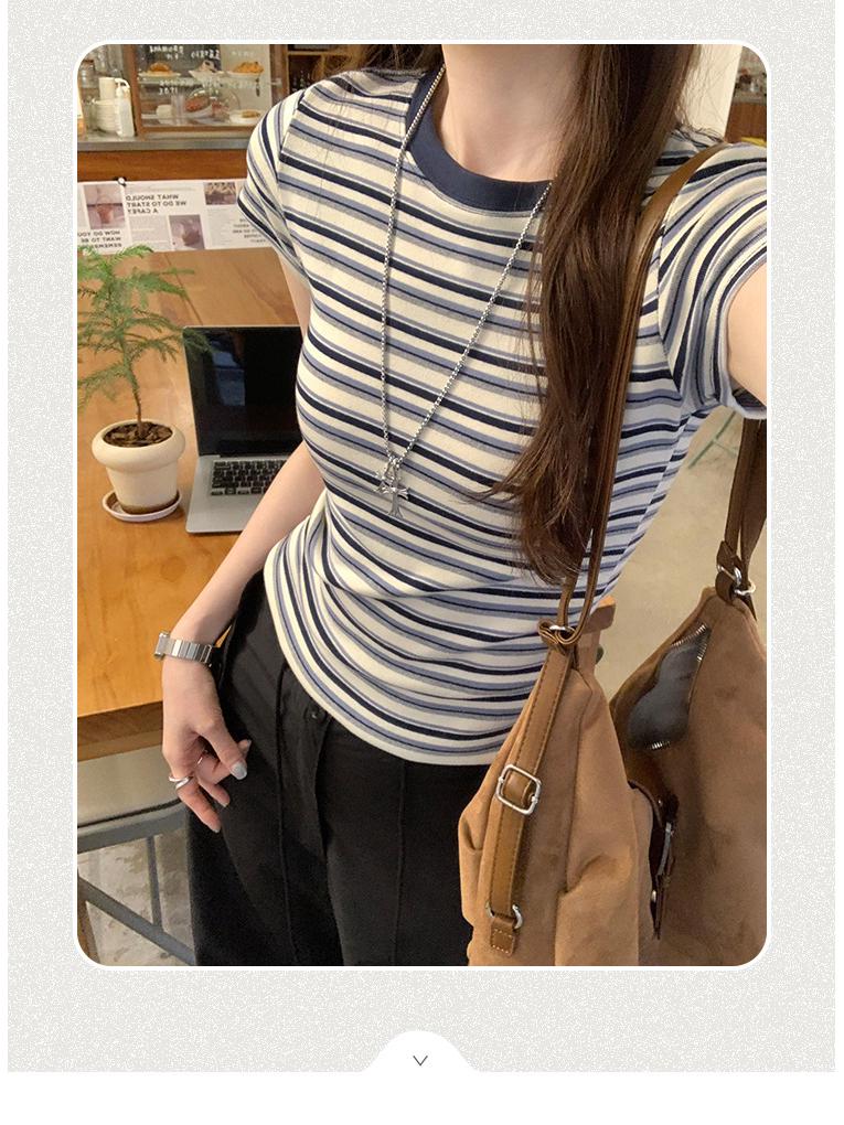 Women's American Retro Color Block Striped T-Shirt - 2025 Korean Style, Versatile Slim Fit, Round Neck