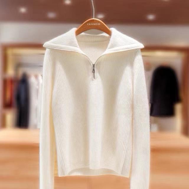 Women's Cashmere Half Zip Polo Neck Long Sleeve Sweater - Autumn/Winter Casual Fashion Knitwear