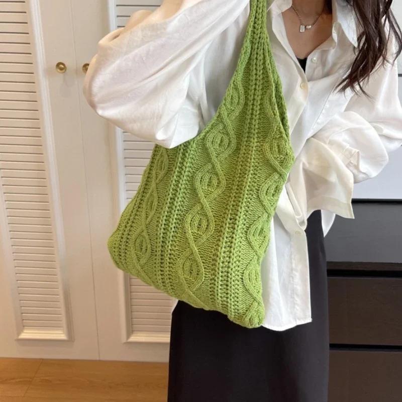 Wool Knitted Shoulder Shopping Bag for Women Vintage Cotton Cloth Girls Tote Shopper Bag Large Female Handbag Crochet Bag
