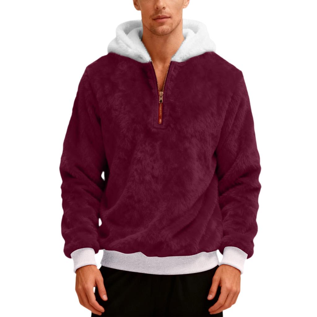 Pánská plyšová mikina s kapucí a polovičním zipem