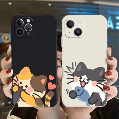Cute Cat Couple Phone Case For IPhone 15 14 13 12 11 Pro Max Mini X XR 7 8 SE Plus SE20 Kawaii Cartoon Animal Spotted Cat Covers