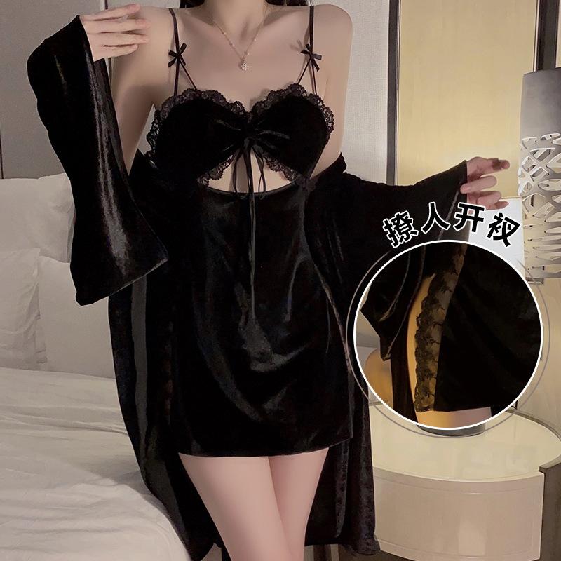 Women's Velvet Cutout Slit Cami Sleep Dress with Tie Robe Lounge Set