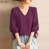 Women Casual V-Neck 3/4 Sleeve Loose Elegant Blouse