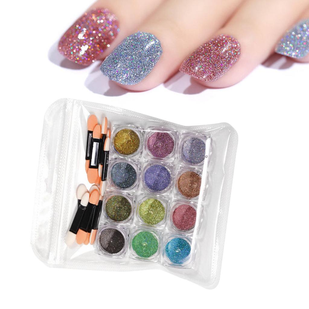 12 Colors Metallic Mirror Nail Powder Iridescent Laser High Glossy with 10 Paint Brush Manicure