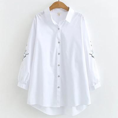 Camisa Básica Feminina Plus Size, Camisa Bordada de Comprimento Médio Plus Size, Camisa de Algodão Solta de Manga Longa