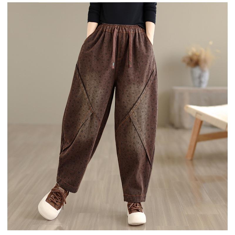 DIMANAF 2025 New Autumn Plus Size Women Jeans Vintage Elastic Waist Denim Pants Loose Trousers Big Size Casual Cotton